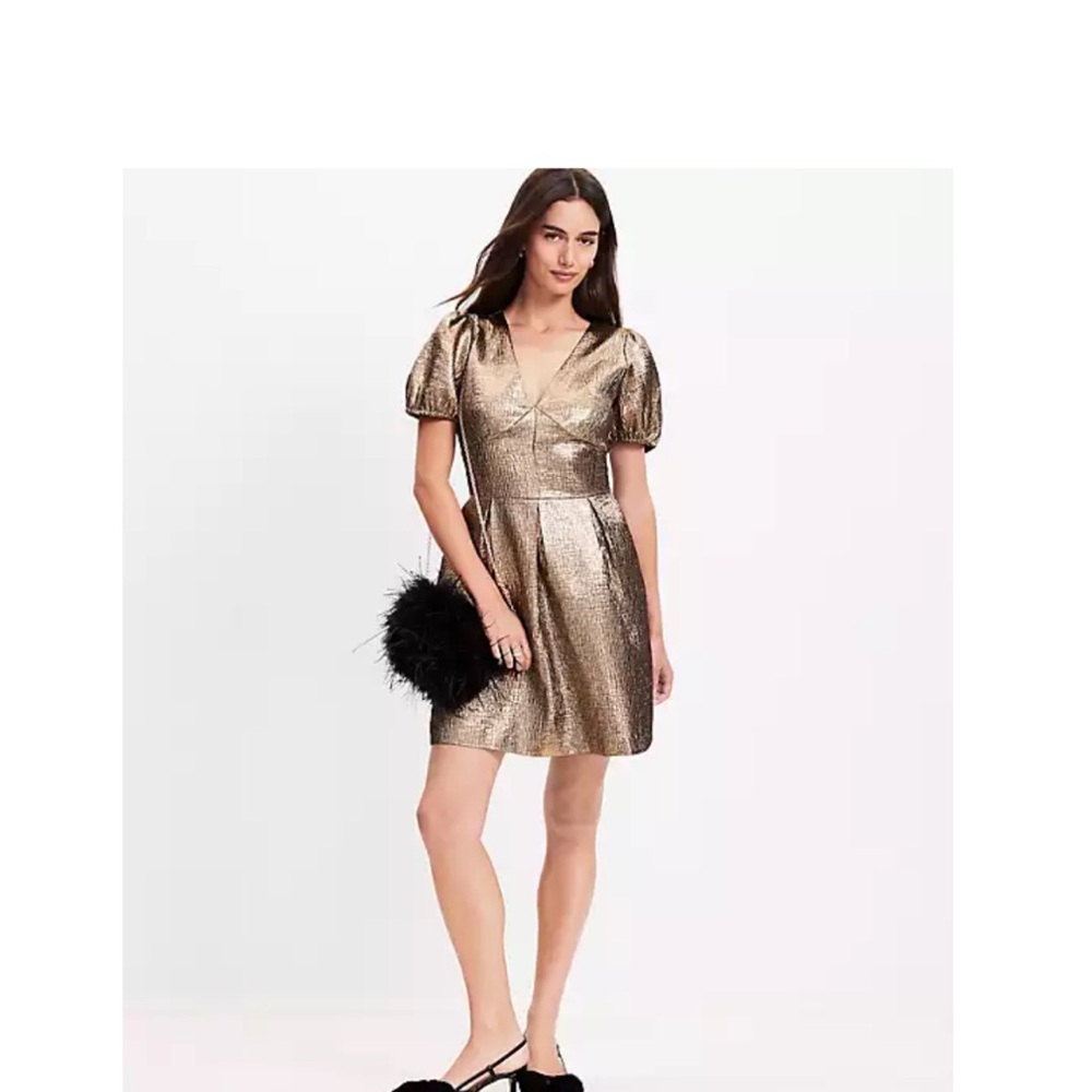 LOFT Shimmering Gold Puff Sleeve Mini Dress